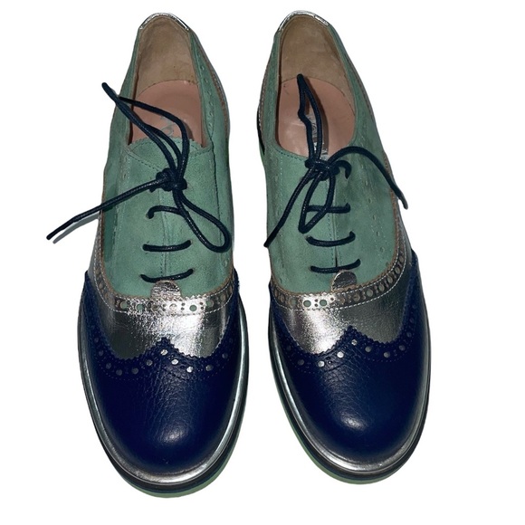 POLLINI Lace-up Leather Blue Green Silver Loafers Size 7 - Picture 1 of 7